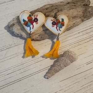 Heart-Shaped Embroidered Earrings with Tassels